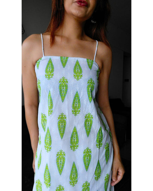 Green Paisley Printed White Cotton Kurti