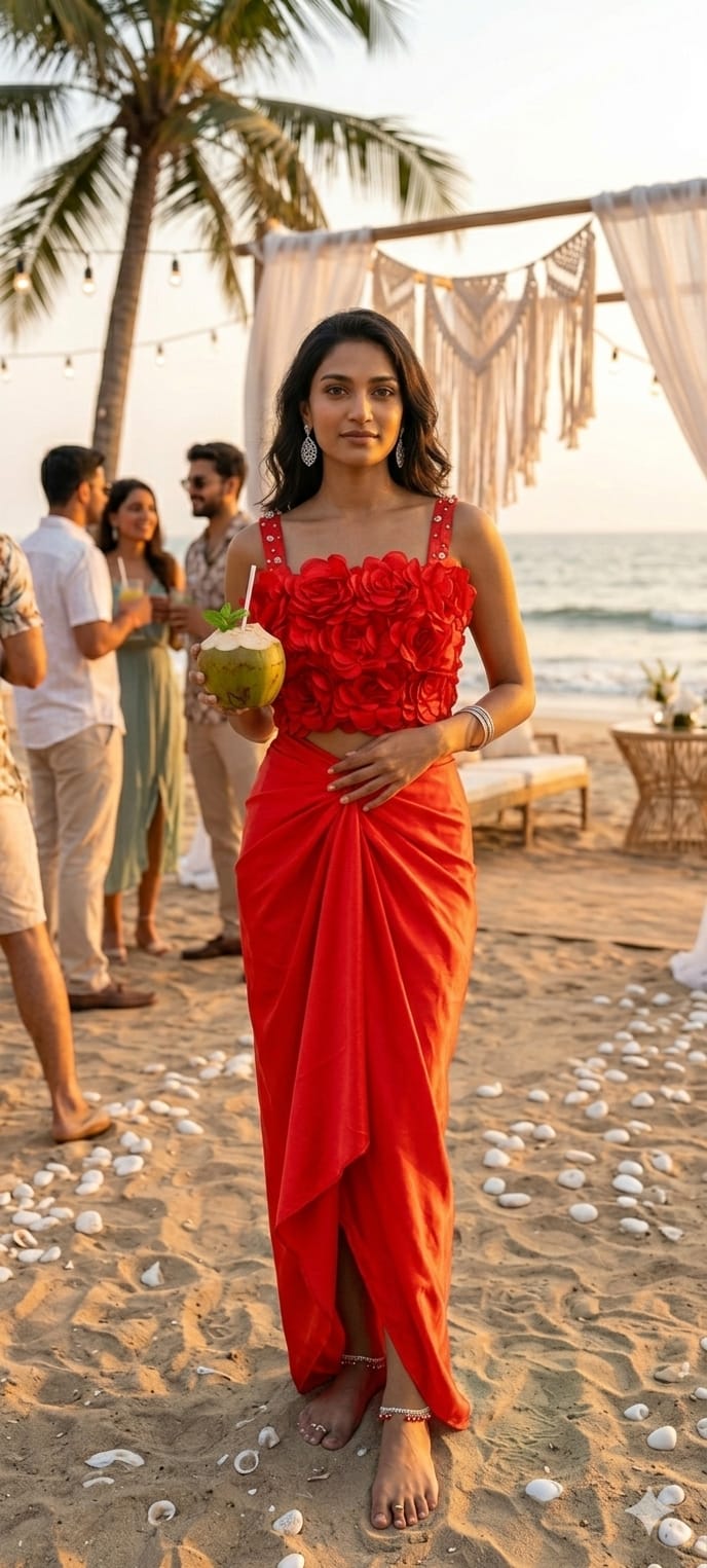 Red Rosette Top and Drape Skirt