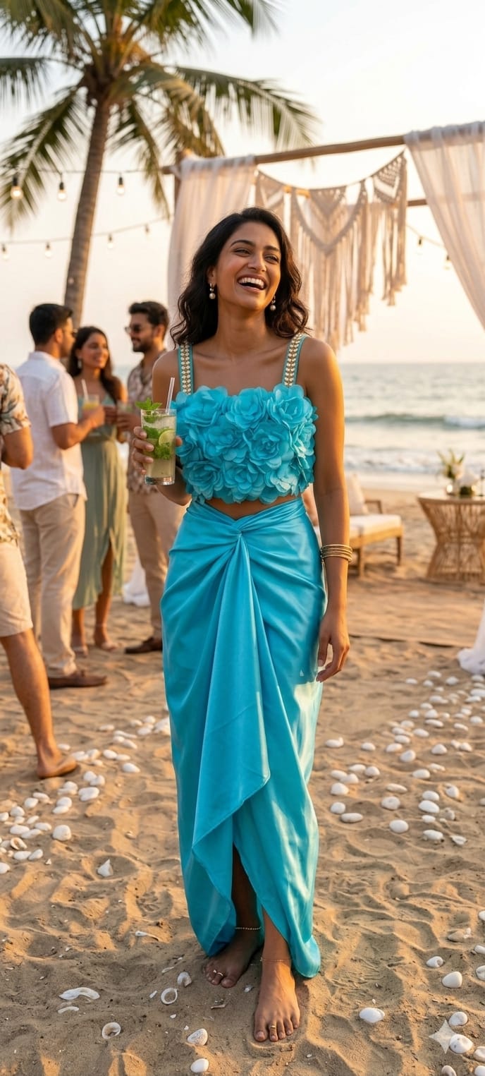 Blue Rosette Top and Drape Skirt