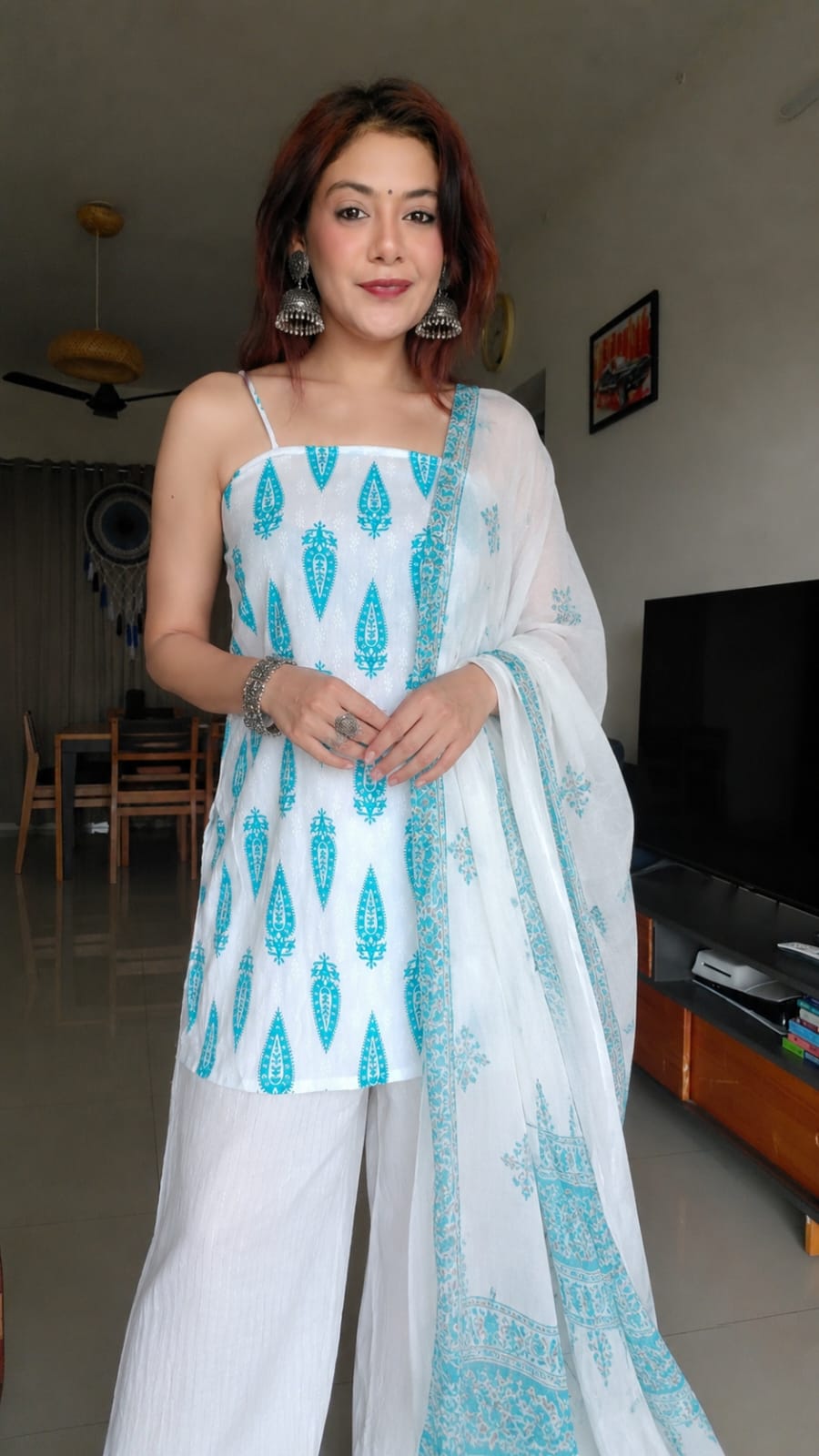 Blue Paisley Printed White Cotton Kurti