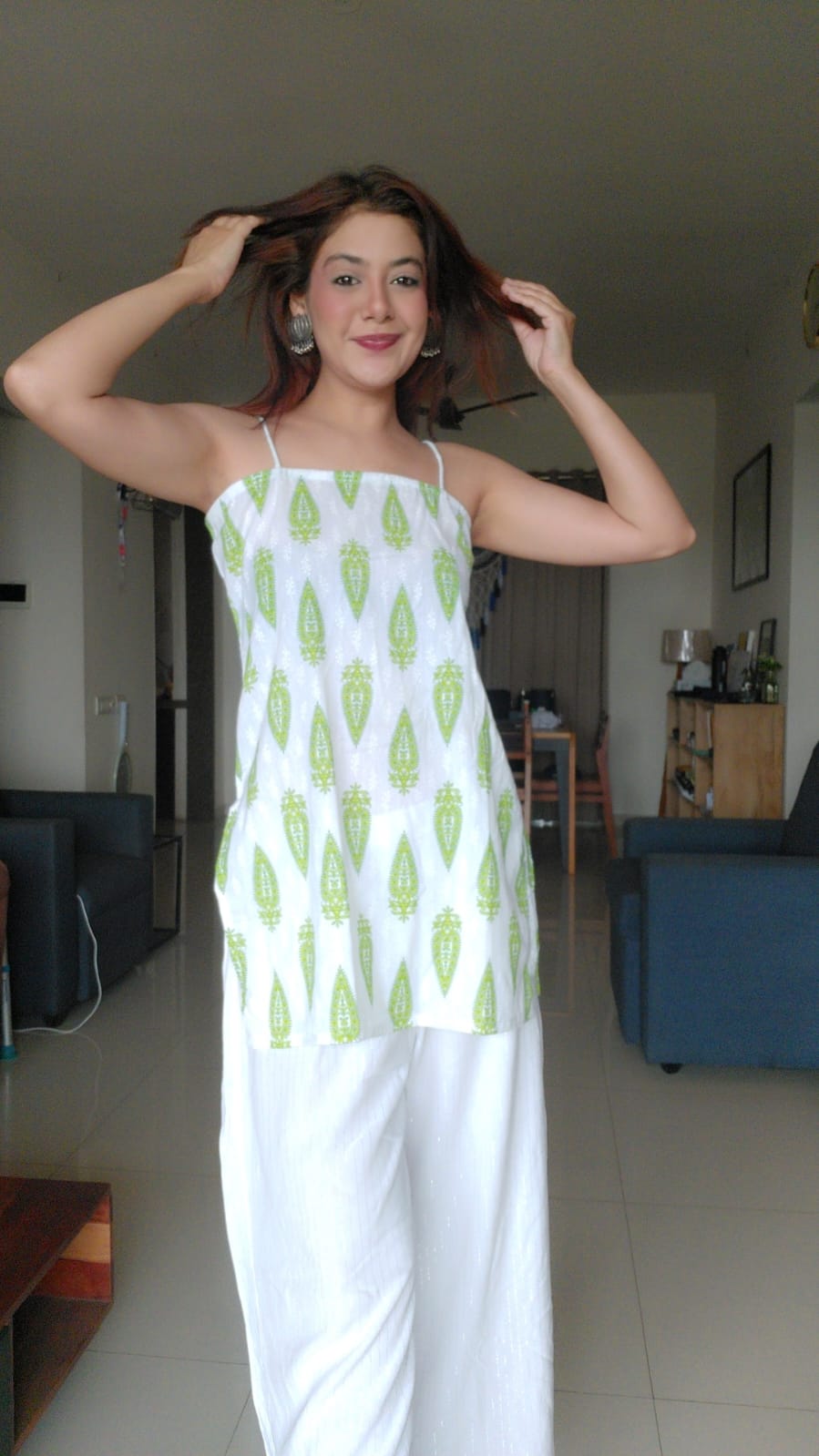 Green Paisley Printed White Cotton Kurti