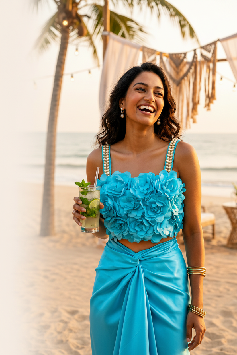 Woman in a blue floral top and skirt holding a drink on a beach.