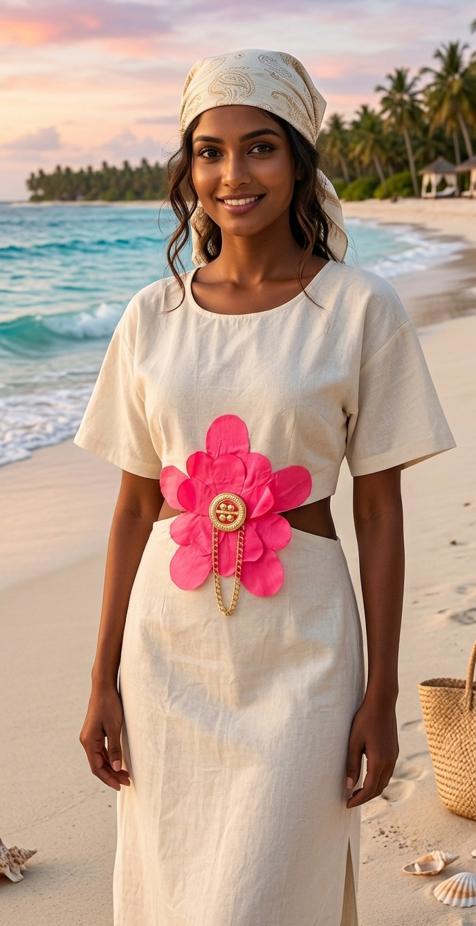 Woman in a white dress with a pink flower accessory on a beach at sunset
